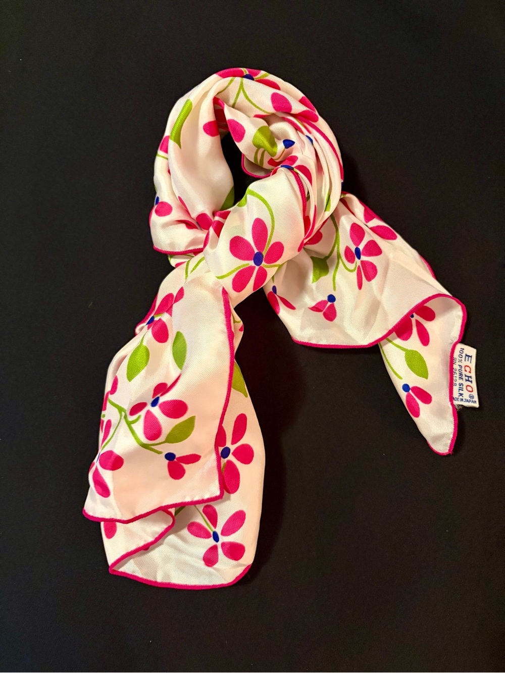 Gorgeous Pink, Green & White Silk Scarf with Polka Floral Motif Vintage but New